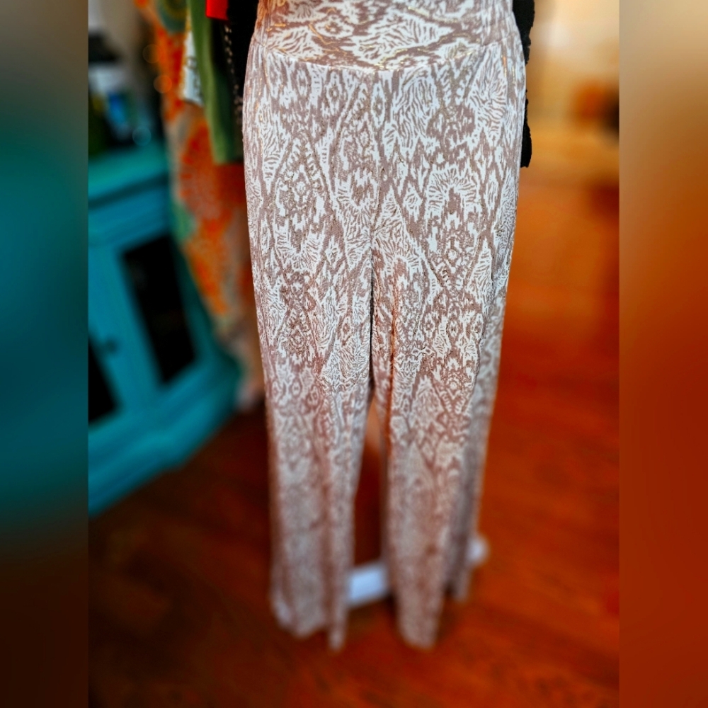 Iman, brown/cream w/gold, elastic waist pants, sz s